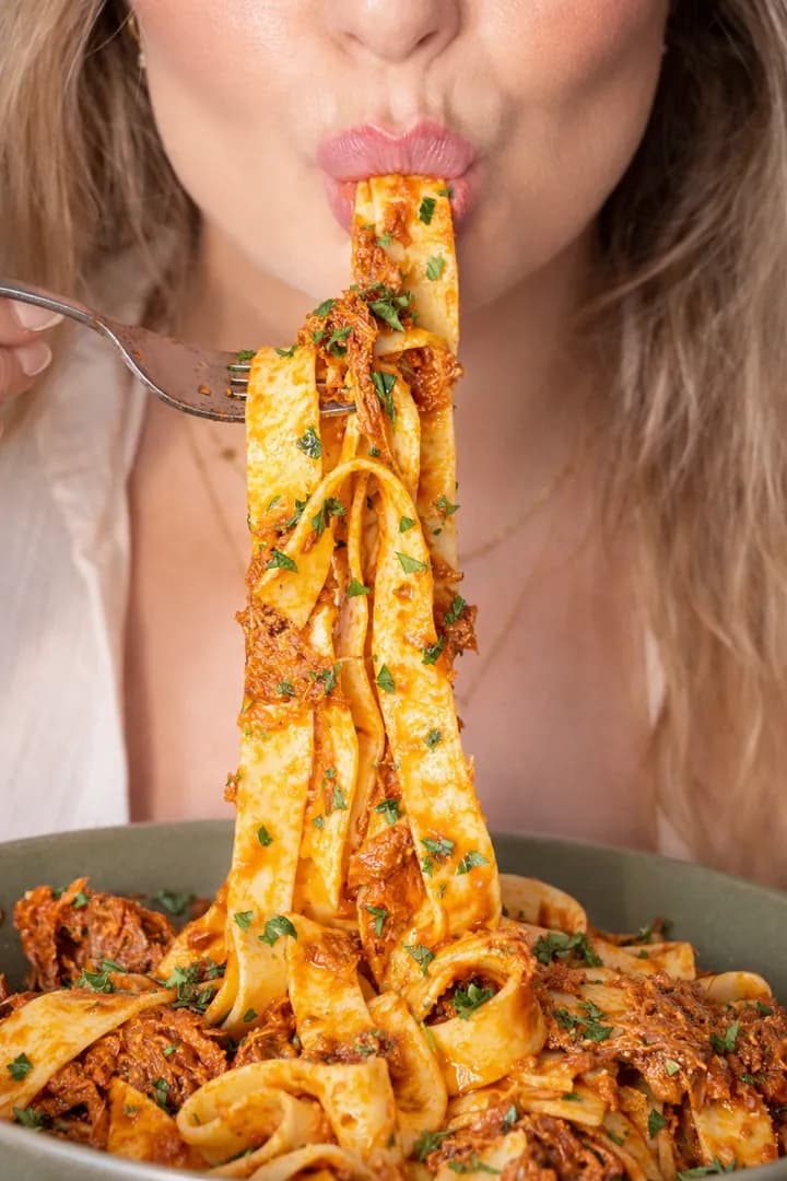 A forkful of pappardelle ragù